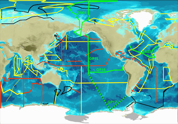 GEOTRACES Section Cruises. Source: Original figure from https://www.geotraces.org/cruise-overview/ modified here to highlight the U.S. GEOTRACES sections.