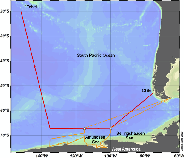 Proposed tracks for the GP17-OCE (red) and GP17-ANT (orange) cruises; stars indicate crossover/intercalibration stations. Click on image to view the full size PDF map. GP17 Proposed Cruise Tracks