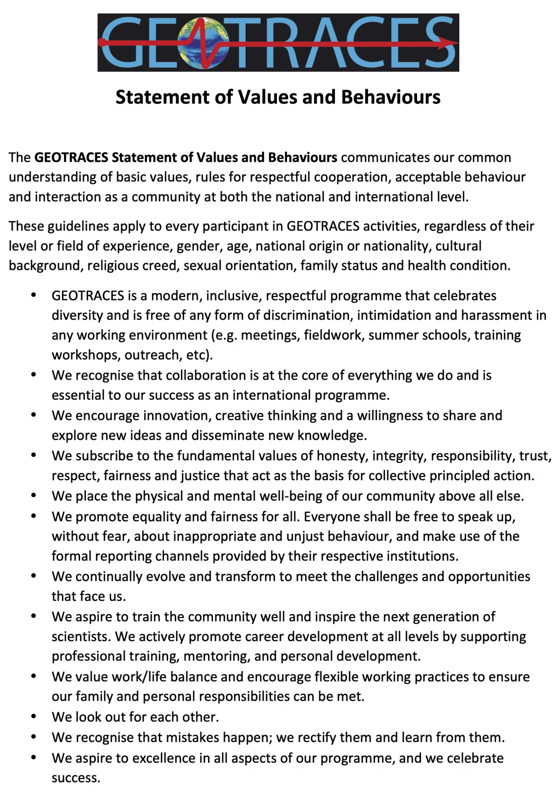GEOTRACES Statement of Values and Behaviours. Click on the statement to view the PDF.