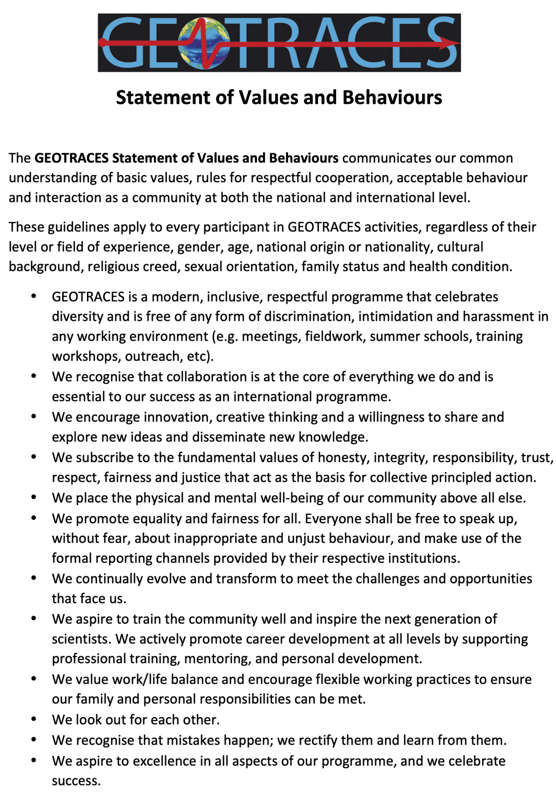 GEOTRACES Statement of Values and Behaviours. Click on the statement to view the PDF.