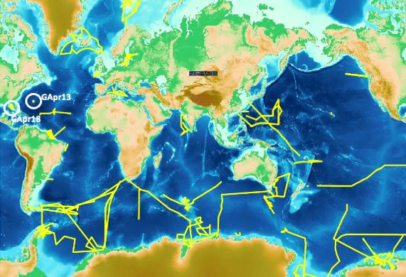 U.S. GEOTRACES Process Studies. Locations of completed U.S. process studies (white circles) overlaid on the global GEOTRACES map showing completed section cruises (yellow lines). GApr13 (BAIT, Sargasso Sea, 2019) and GApr14 (STING, West Florida Shelf, 2023). Source: Original figure from geotraces.org/cruise-overview modified to highlight U.S. GEOTRACES process studies.
