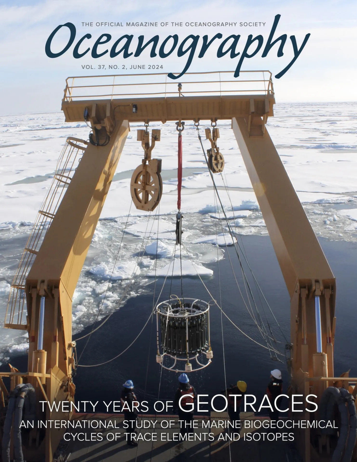 Cover of the Oceanography Special Issue on the 20th Anniversary of the GEOTRACES program. Deployment of the "trace metal clean" rosette at 78°N from USCGC Healy as part of the 2015 US GEOTRACES GN01 cruise to the Arctic Ocean. Photo credit: Katlin Bowman Adamczyk, US Geological Survey. Oceanography, 37, 2, June 2024.