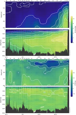 GP15 section Zn data. Dissolved Zn concentration (top) and dissolved δ66Zn (bottom) distributions along the GP15 transect. From Sieber et al., 2023 (doi:10.1029/2022JC019419).
