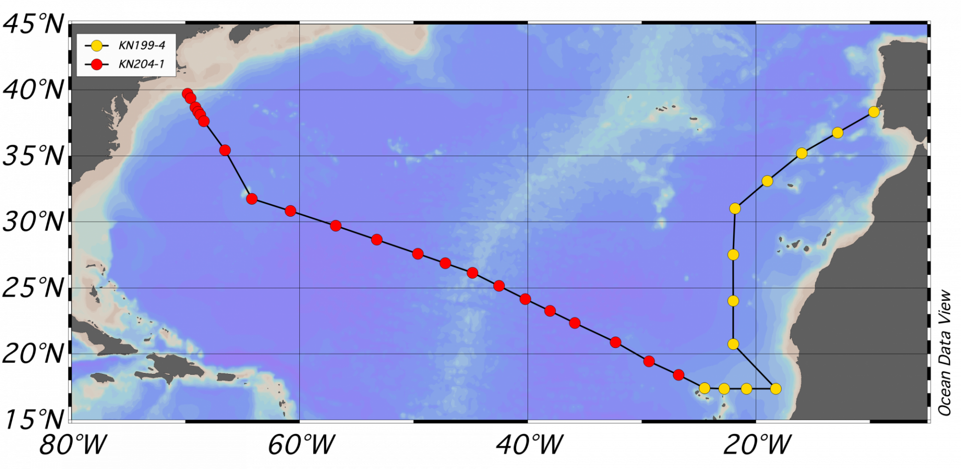 GA03 Cruise Tracks: KN199-4 (yellow) and KN204-1 (red) 