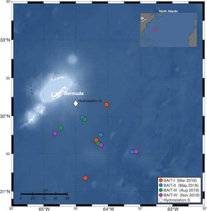 GApr13 (BAIT) Sampling sites near Bermuda, 2019. All four cruise legs are shown color-coded.