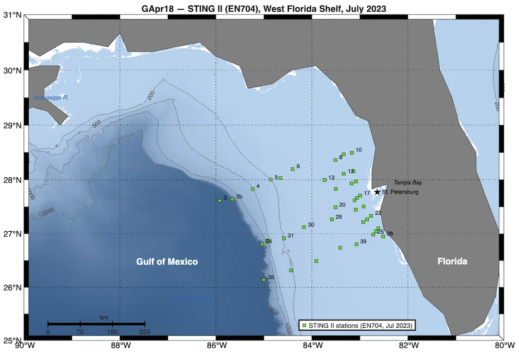 GApr18-Leg 2 (STING II) sampling stations on the West Florida Shelf, July 2023. ★ = St. Petersburg, FL (port of departure)