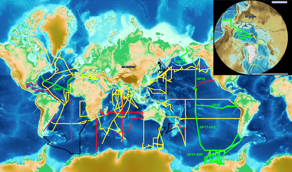 GEOTRACES Section Cruises. Source: Original figure from https://www.geotraces.org/cruise-overview/ modified here to highlight the U.S. GEOTRACES sections. GEOTRACES Section Cruises. Source: Original figure from https://www.geotraces.org/cruise-overview/ modified here to highlight the U.S. GEOTRACES sections.